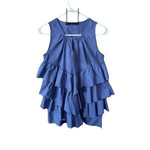 Maldita Blue Top Ruffle Sleeveless Keyhole Button M Pullover